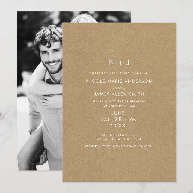 Invitación Boda de Foto Moderna Mínima Rústica Kraft Marrón (Anverso / Reverso)