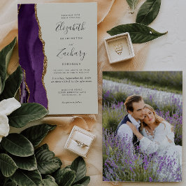 Invitación Boda de foto moderna púrpura oro ágata marfil