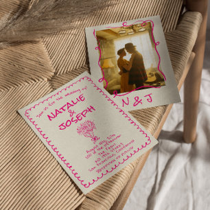 Invitación Boda de Foto Moderna Rosa Vívida Dibujada a Mano R