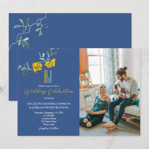 Invitación Boda de Foto Monograma Amarillo Intenso Azul Marin