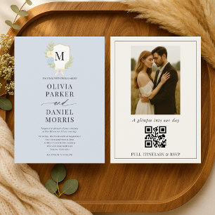 Invitación Boda de foto monograma con cresta de hortensia azu