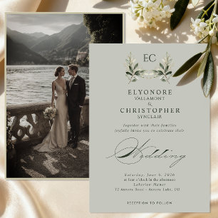 Invitación Boda de Foto Monograma de Rama de Olivo Verde Salv
