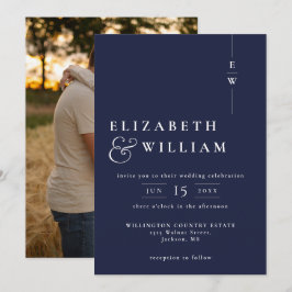 Invitación Boda de foto monograma elegante moderno azul marin