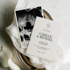 Invitación Boda de foto monograma negro suave blanco cálido