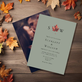 Invitación Boda de Foto Monograma Simple Hoja de Otoño Verde