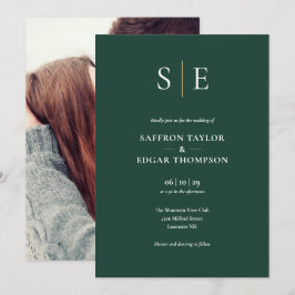 Invitación Boda de Foto Monograma Verde Esmeralda y Dorado