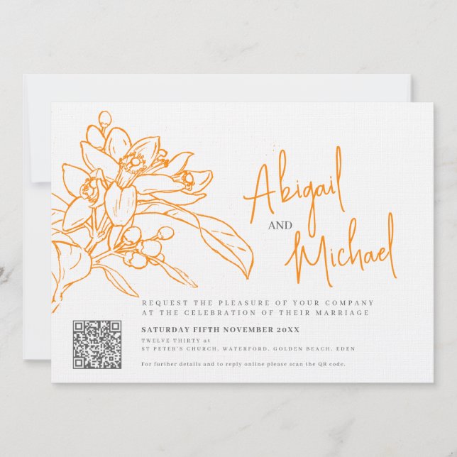 Invitación boda de foto naranja de boceto de flores de naranj (Anverso)