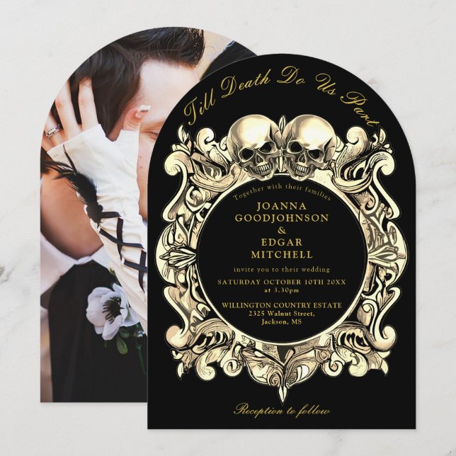 Invitación Boda de Foto Negro y Dorado Gótico Hasta la Muerte (Anverso / Reverso)