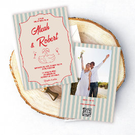 Invitación Boda de Foto Retro con Guión Rojo y Rayas Azules