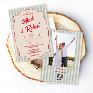 Invitación Boda de Foto Retro con Guión Rojo y Rayas Azules