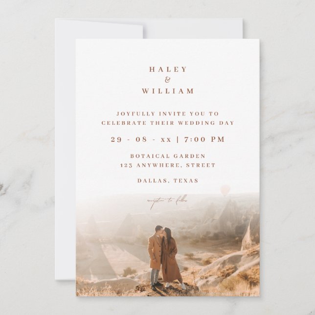 Invitación Boda de Foto Script Minimalista Boho Terracota (Anverso)