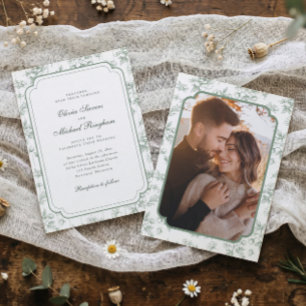 Invitación Boda de Foto Vintage Francés Toile Verde Salvia