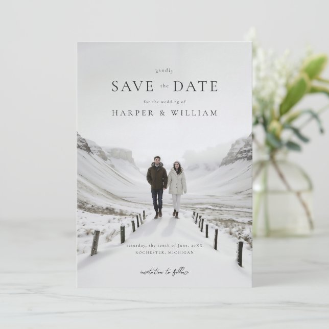 Invitación boda de foto wintery salva la fecha (Anverso de pie)