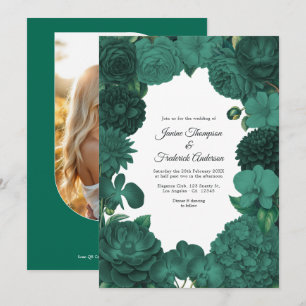 Invitación Boda de Foto y Código QR Floral Verde Esmeralda