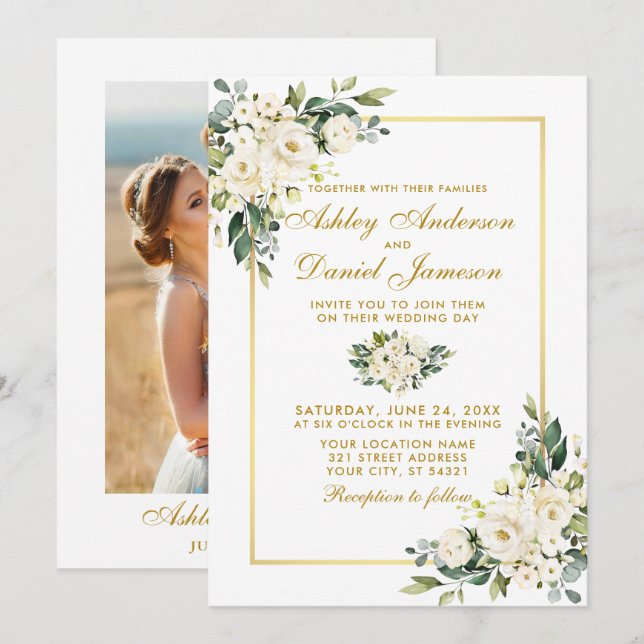 Invitación Boda de fotografía acuarela blanca floral dorada (Anverso / Reverso)