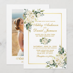 Invitación Boda de fotografía acuarela blanca floral dorada