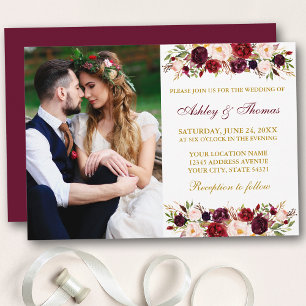 Invitación Boda de fotografía acuarela floral borgoña dorada