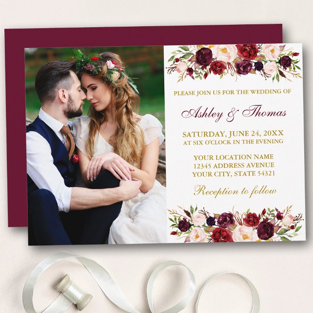 Invitación Boda de fotografía acuarela floral borgoña dorada (Customize to change text color, style, add text & photos to back or change color of back of card.)