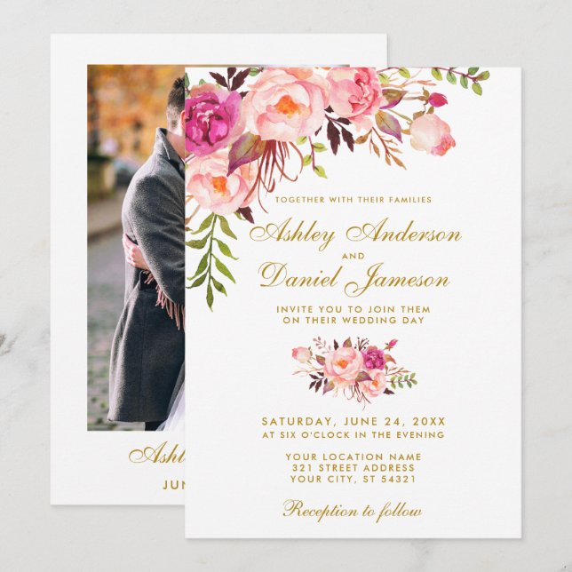 Invitación Boda de fotografía acuarela floral rosa dorada (Anverso / Reverso)