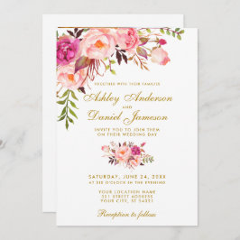 Invitación Boda de fotografía acuarela floral rosa dorada