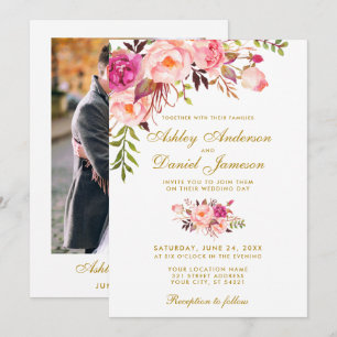 Invitación Boda de fotografía acuarela floral rosa dorada
