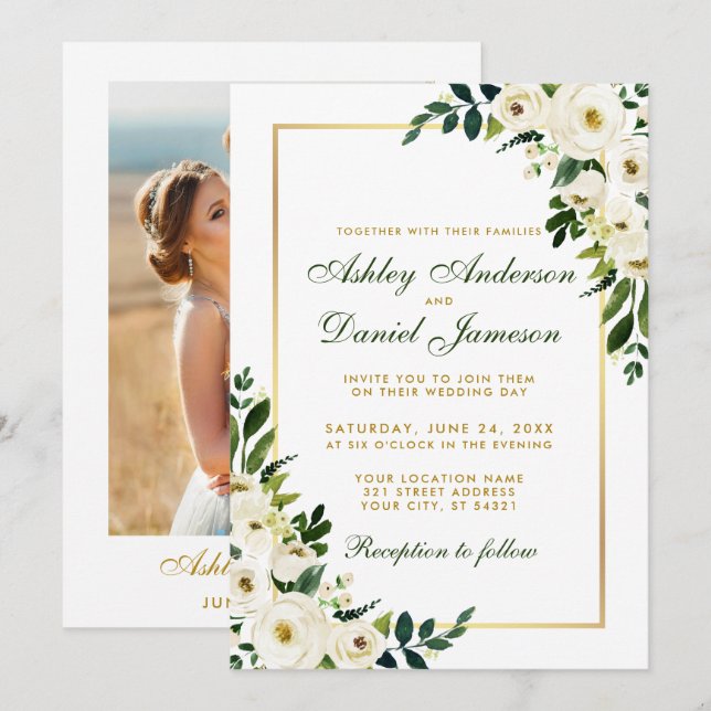 Invitación Boda de fotografía acuarela floral verde y dorada (Anverso / Reverso)