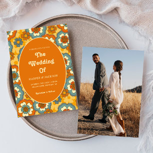 Invitación Boda de fotografía audaz Naranja Flores Retro 70
