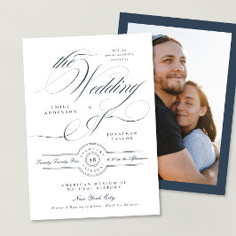 Invitación Boda de fotografía azul de la Marina de caligrafía