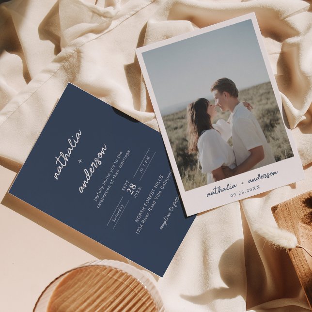 Invitación Boda de fotografía azul de la marina de escritura  (Subido por el creador)