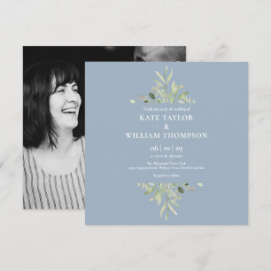 Invitación Boda de fotografía botánica azul polvoriento verde