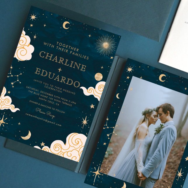 Invitación Boda de fotografía celestial con estrellas de oro  (Subido por el creador)