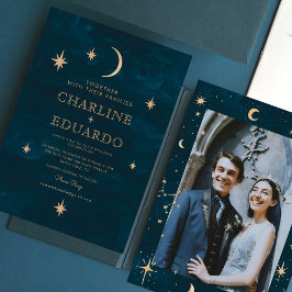 Invitación Boda de fotografía celestial con estrellas de oro 