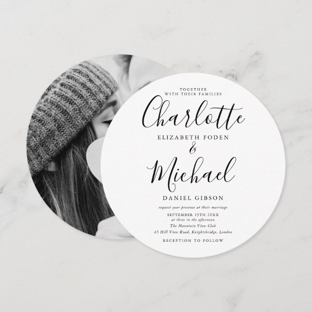 Invitación Boda De Fotografía Circular De Guión Blanco Y Negr (Anverso / Reverso)