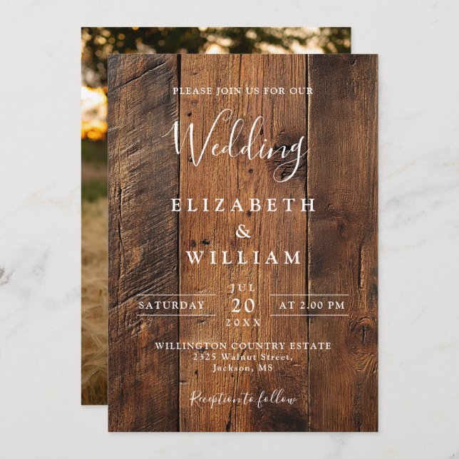 Invitación Boda de fotografía de Barn Wood rusa moderna (Anverso / Reverso)