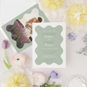 Invitación Boda de fotografía de borde de onda verde sage mod