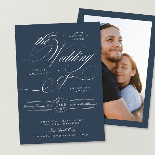 Invitación Boda de fotografía de caligrafía elegante azul de