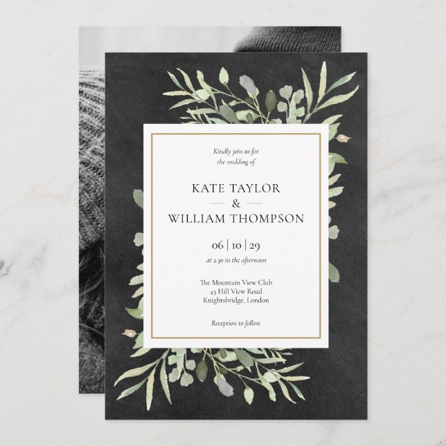 Invitación Boda de fotografía de Chalkboard Gold Geometric Gr (Anverso / Reverso)