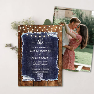 Invitación Boda de fotografía de código QR de denim de madera