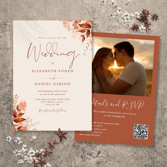 Invitación Boda de fotografía de código QR floral de otoño ru (Rustic Autumn Fall Floral QR Code Photo Wedding Invitation)
