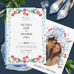 Invitación Boda de fotografía de color dulce de agua de cerez<br><div class="desc">Fresas dulces y acuarela azul en un diseño sencillo. Añade tu foto al revés con los nombres al personalizar. Una invitación perfecta para el boda de primavera o verano. Absolutamente adorable. 100% de satisfacción del cliente cada día en Zazzle. Plantilla</div>