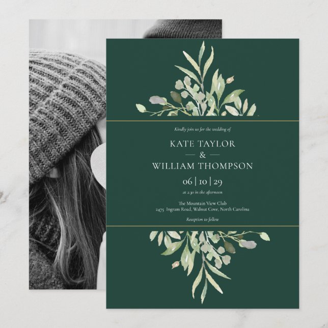 Invitación Boda de fotografía de Emerald Eucalyptus Greenery (Anverso / Reverso)