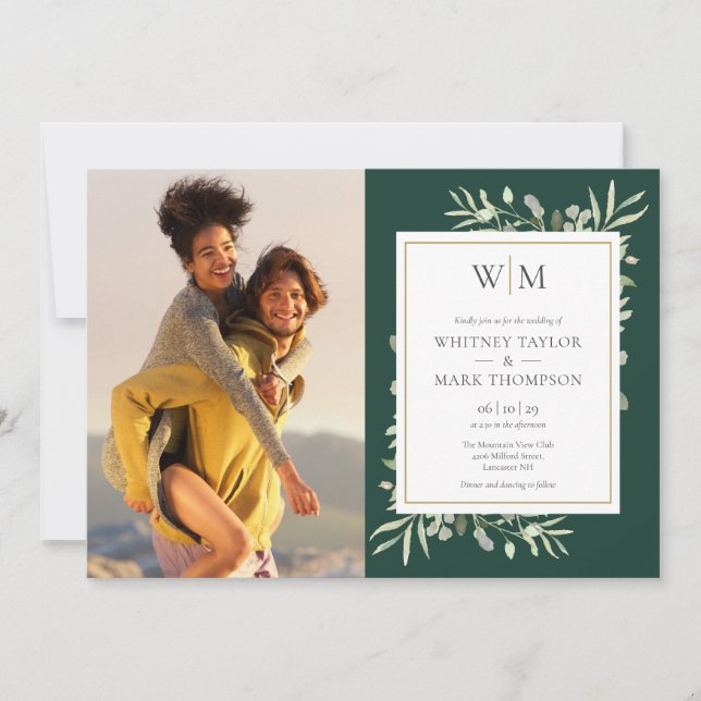 Invitación Boda de fotografía de Emerald Monogram Greenery (Anverso)