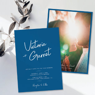 Invitación Boda de fotografía de escritura azul minimal moder
