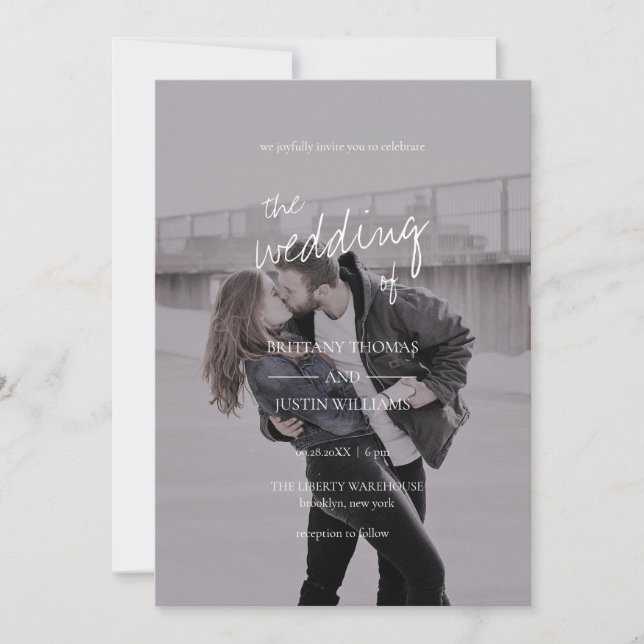 Invitación Boda de fotografía de escritura blanca elegante y  (Anverso)