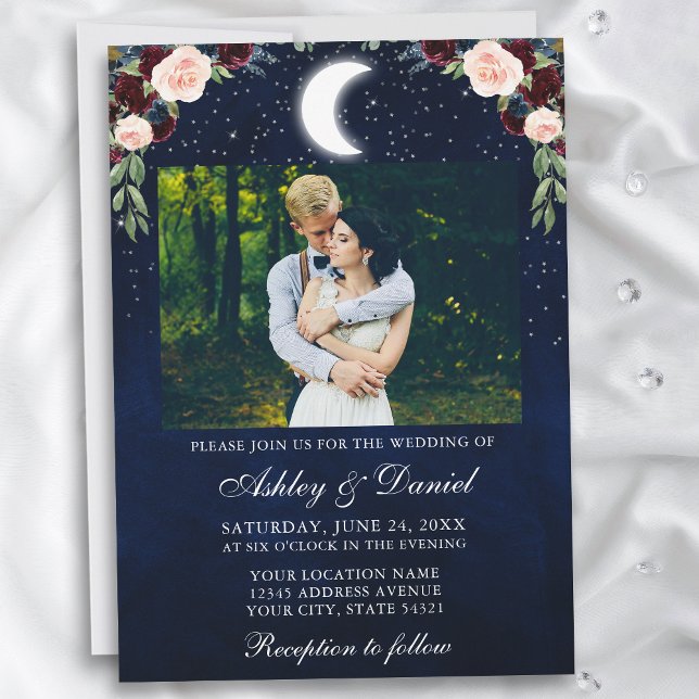 Invitación Boda de fotografía de estrellas celestes de la lun (Customize to add more text or more photos to back of card.)