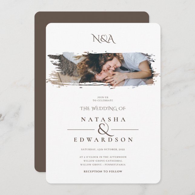 Invitación Boda de fotografía de estropajo blanco y marrón mo (Anverso / Reverso)
