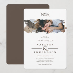 Invitación Boda de fotografía de estropajo blanco y marrón mo