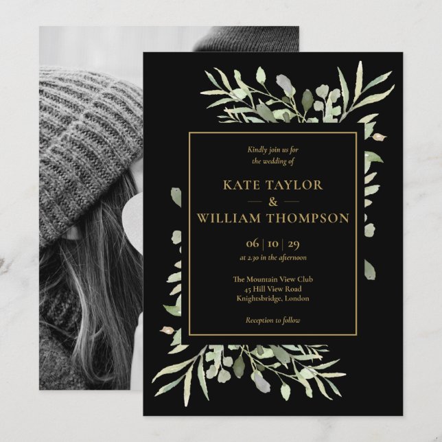Invitación Boda de fotografía de follaje verde negro y oro (Anverso / Reverso)