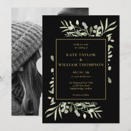 Invitación Boda de fotografía de follaje verde negro y oro
