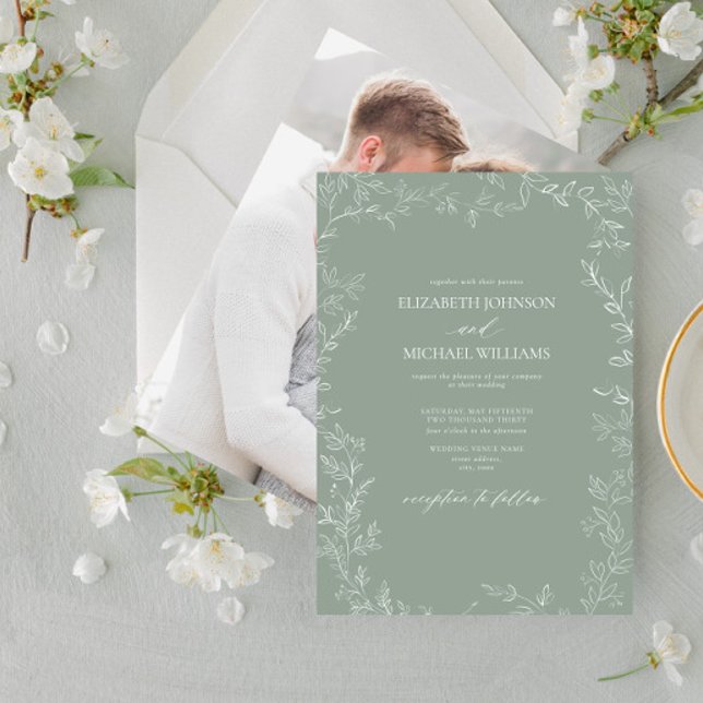 Invitación Boda de fotografía de hoja mínima verde sage moder (Subido por el creador)